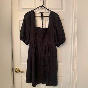 Black Linen-Blend Puff Sleeve Mini Dress
